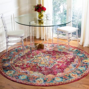 Crystal Ruby/Navy 7 ft. x 7 ft. Floral Border Round Area Rug