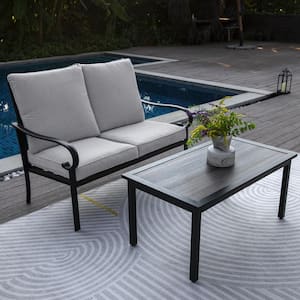 Black Patio Loveseat Sofa with Coffee Table and Gray Cushions, Outdoor Patio Conversation Sofa Set 2-Piece