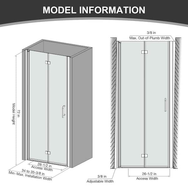 34 to 35-3/8 in. W x 72 in. H Bi-Fold Frameless Shower Doors in Chrome with Clear Glass