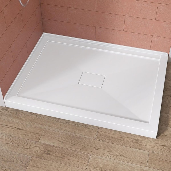 Moca 48 in. L x 36 in. W Corner Double Threshold Acrylic Shower Pan Base with Center Drain Cover Shower Tray in White