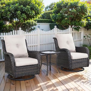 Brown 3-Piece Wicker Patio Conversation Deep Seating Set with Beige Cushions All-Weather Swivel Rocking Chairs
