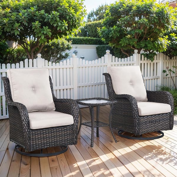 Pocassy Brown 3-Piece Wicker Patio Conversation Deep Seating Set with Beige Cushions All-Weather Swivel Rocking Chairs