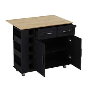 Black Wood 46.46 in. Rolling Kitchen Island with Drop Leaf Top, 2 Drawers, 2 Doors, Wine Rack and Spice Racks