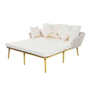 Gold Composite Outdoor Patio Day Bed with Beige Thick Cushions, Nylon Rope Backrest for  Balcony, Poolside