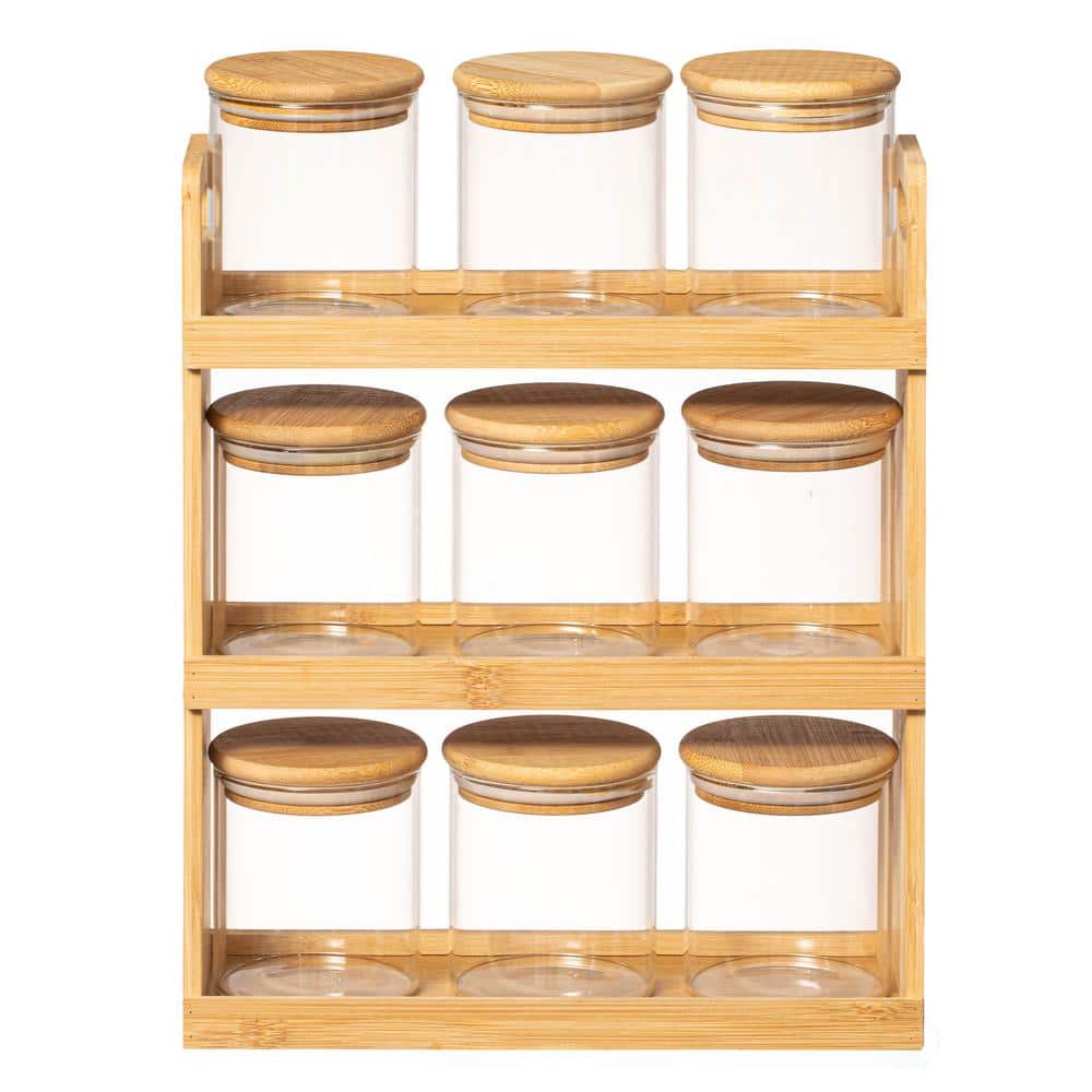 Natural Bamboo 3-Tier Spice Rack with Clear Glass Jars