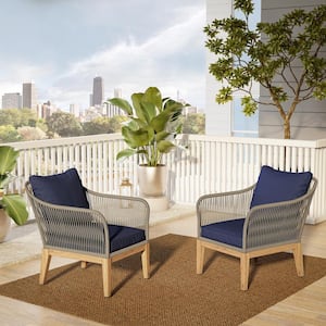 Cushioned Acacia Wood Outdoor Lounge Chair with Navy Blue Cushions (Set of 2)