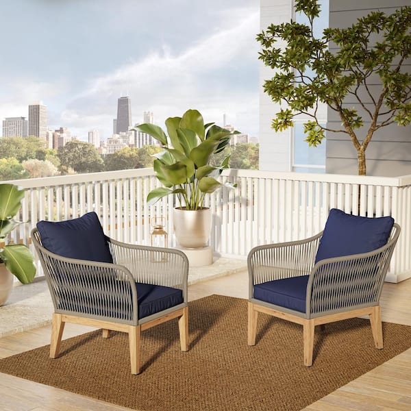 TK CLASSICS Cushioned Acacia Wood Outdoor Lounge Chair with Navy Blue Cushions (Set of 2)