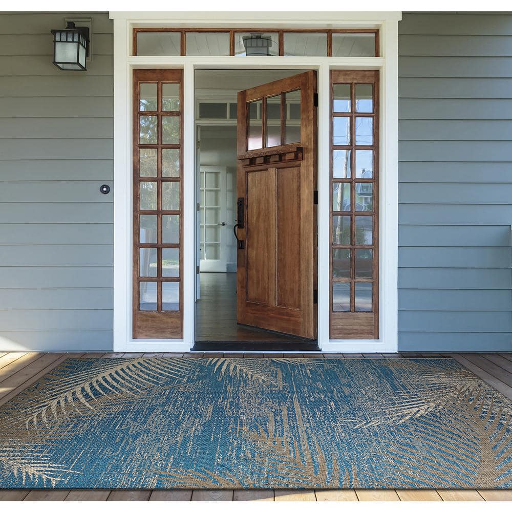 Ocean Blue and Beige Synthetic Geometric Indoor/Outdoor Area Rug