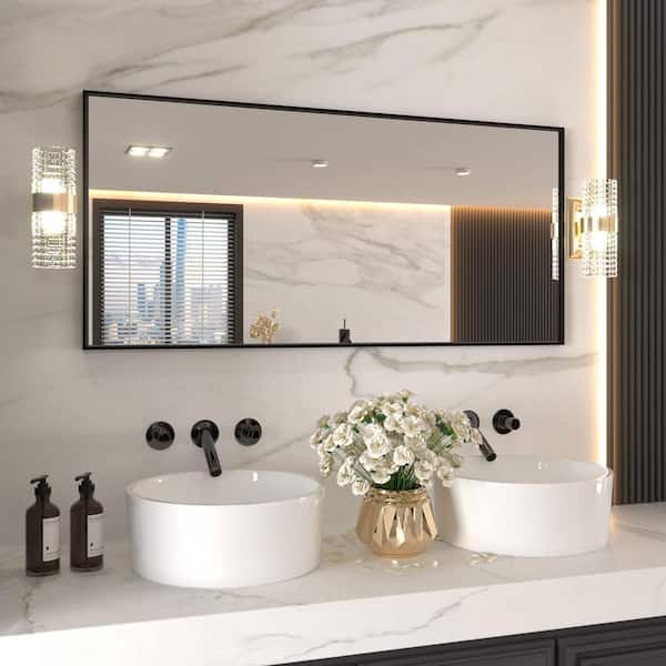 60 in. W x 28 in. H Rectangular Framed French Cleat Wall Mounted Tempered Glass Bathroom Vanity Mirror in Matte Black