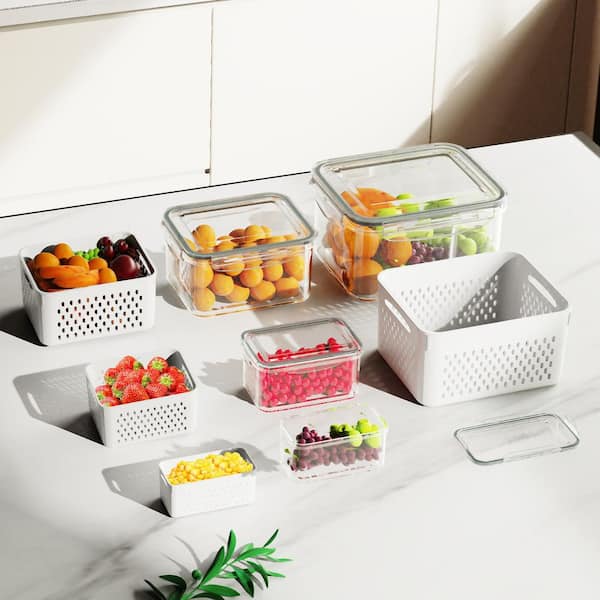 4 pcs Leak-Proof BPA-Free Fruit Storage Containers with Drain Basket for Fridge, Dishwasher and Microwave Safe