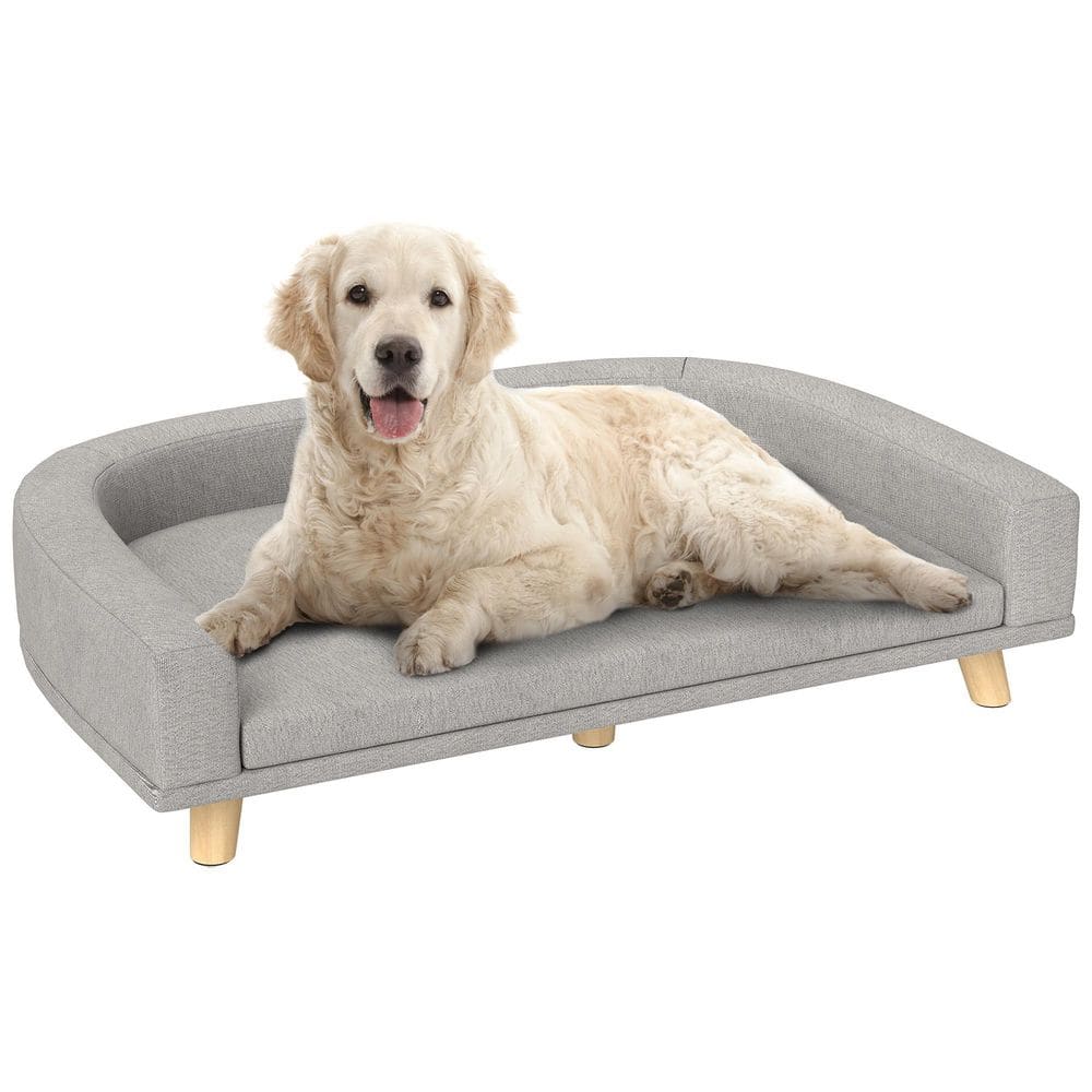 PawHut Large Gray Dog Sofa Couch Bed with Comfortable Luxury Cushion, Washable Cover, Wooden Legs