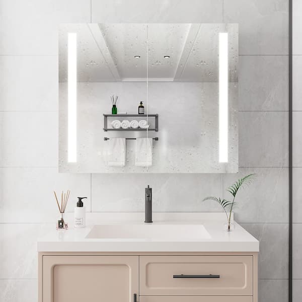 36 in. W x 30 in. H Rectangular Aluminum Recessed or Surface Mount Medicine Cabinet with Mirror and Light, Touch Switch