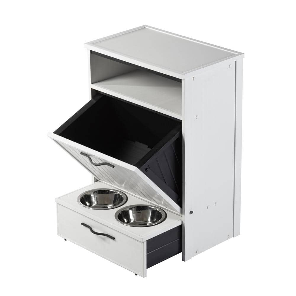 Off-White ECOFLEX Dog Food Pantry with Stainless Steel Bowls