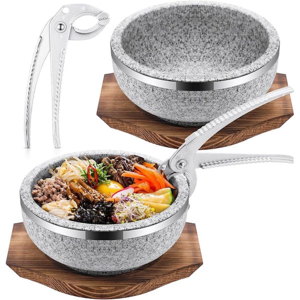 2 Set Granite Stone Bibimbap Bowl with Wood Base and Aluminum Tongs Heat Retaining Oven Safe for Rice Soup Stew