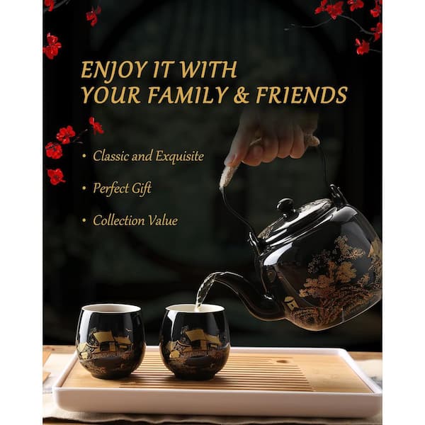 Wudkey 4-Cup Black Porcelain Tea Set with 1-Teapot Set, 6-Teacups