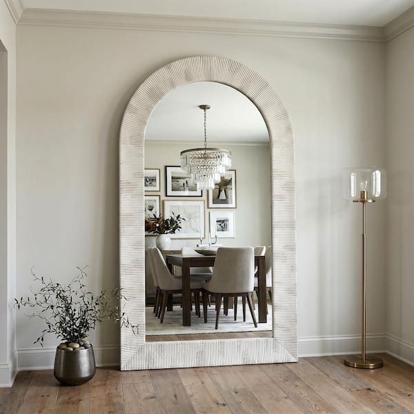 Weathered White 43.3 in. W x 74.8 in. H Squared Arch Full Length Floor Mirror with Scalloped Wooden Frame