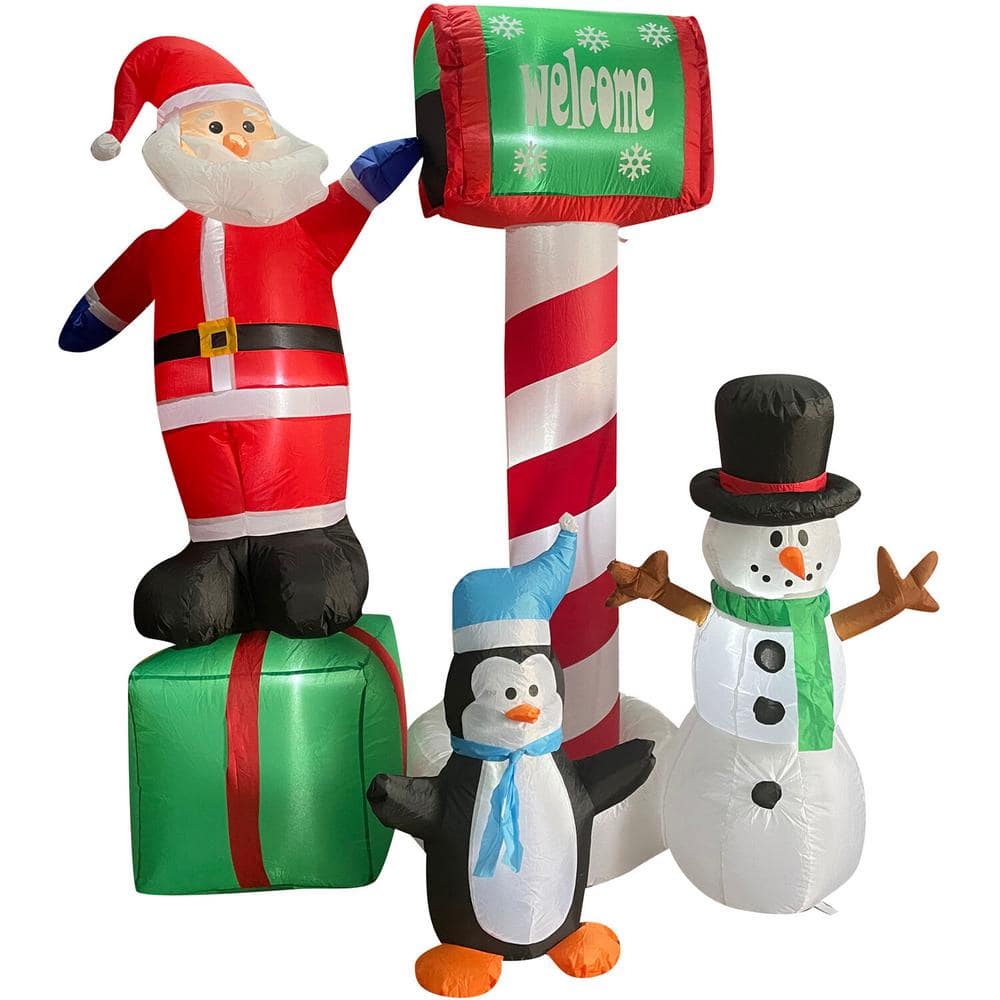 6 ft. x 7 ft. Pre-Lit Welcome Mailbox with Santa, Snowman and Penguin Christmas Inflatable with Storage Bag -  Fraser Hill Farm, FHFSASNPGN061-L