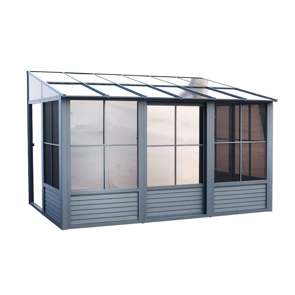 Gray Aluminum and Steel Outdoor Solarium with Sliding Doors