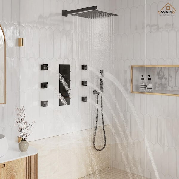 Thermostatic 3-Spray 12 in. 2.5 GPM Wall Mount Dual Shower Head and Handheld Shower Head with 6-Body Jets in Matte Black