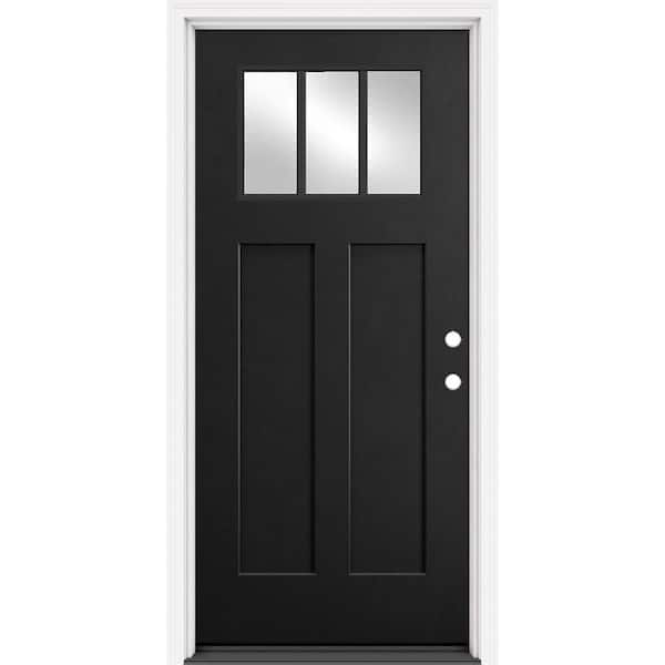 36 in. x 80 in. Craftsman Left-Hand/Inswing 3 Lite Clear Black/White Fiberglass Single Prehung Front Door Brickmold