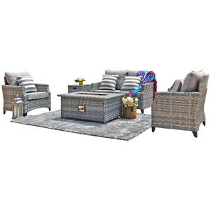Moda 5-Piece Wicker Patio Conversation Set with Gas Fire Pit Table and Gray Cushions