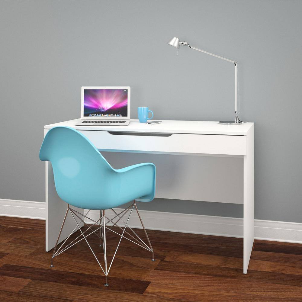 White Wood Desk with Drawer and Keyboard Tray