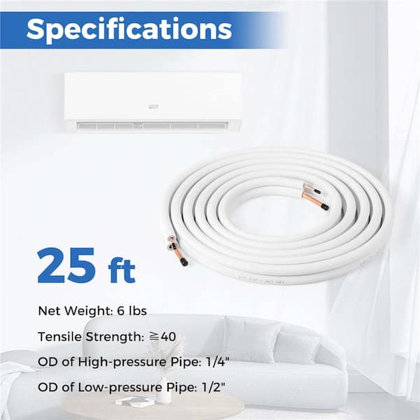 25 ft. Air Conditioning Copper Tubing Hose Extension for Mini Split AC Includes 1/4 in. and 1/2 in. O.D. Pipes