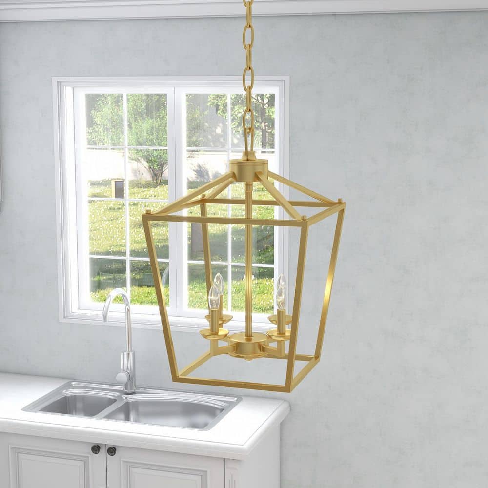 Soft Gold Geometric Lantern Pendant Chandelier with Metal Cage
