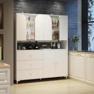 White Wood 63 in. W Sideboard Food Pantry Cabinet Kitchen Cabinet with Tempered Glass Doors and Drawers