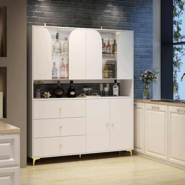 FUFU&GAGA White Wood 63 in. W Sideboard Food Pantry Cabinet Kitchen Cabinet with Tempered Glass Doors and Drawers