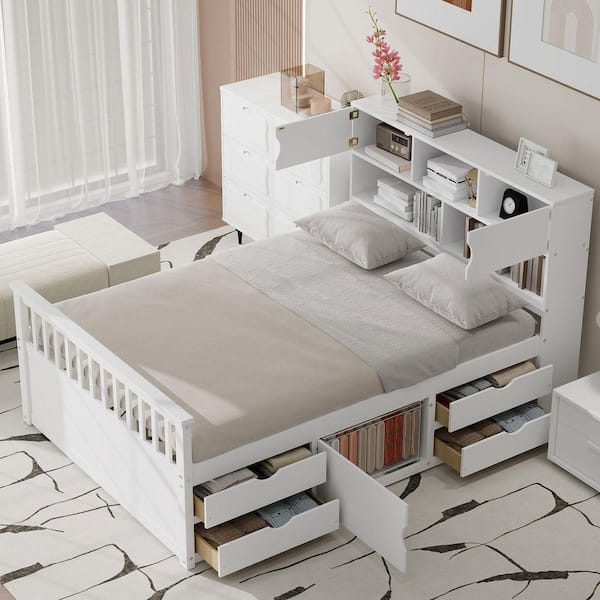 White Wood Frame Full Size Platform Bed with 4 Drawers, Storage Bookcases and Shelves