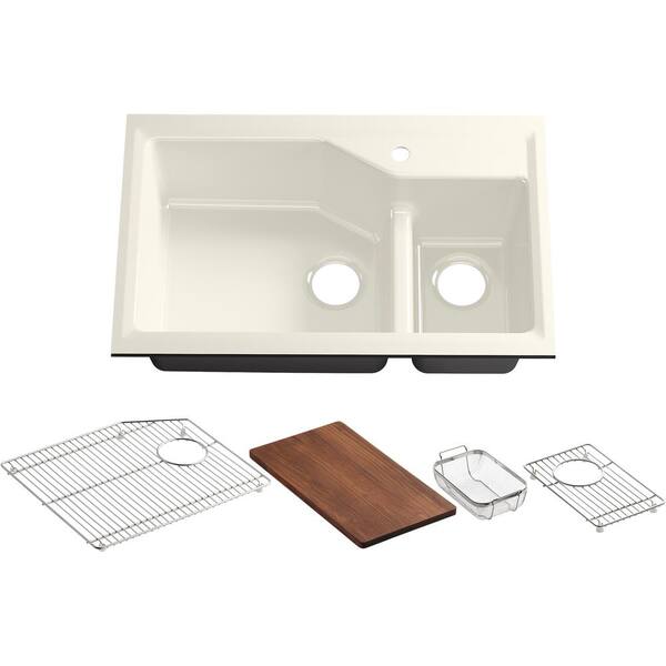 KOHLER Indio Cast Iron 33 in. Smart Divide 1-Hole Double Bowl Undermount Kitchen Sink Kit in Biscuit
