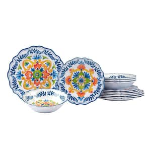 Flores Melamine 12-Piece Multi-Colored Melamine Dinnerware Set, Service for 4