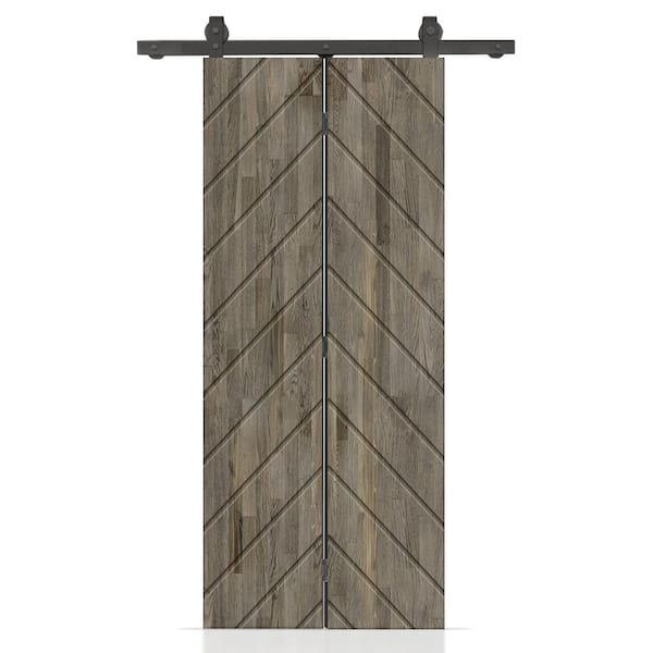 CALHOME Herringbone 38 in. x 80 in. Weather Gray Stained Hollow Core Pine Wood Bi-fold Door with Sliding Hardware Kit