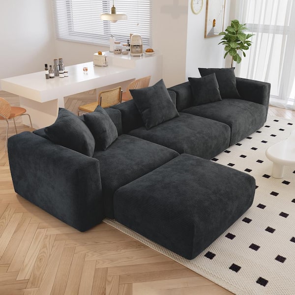 141.72 in. Square Arm Corduroy Velvet 4-Pieces Modular Free Combination Sectional Sofa with Ottoman in Black