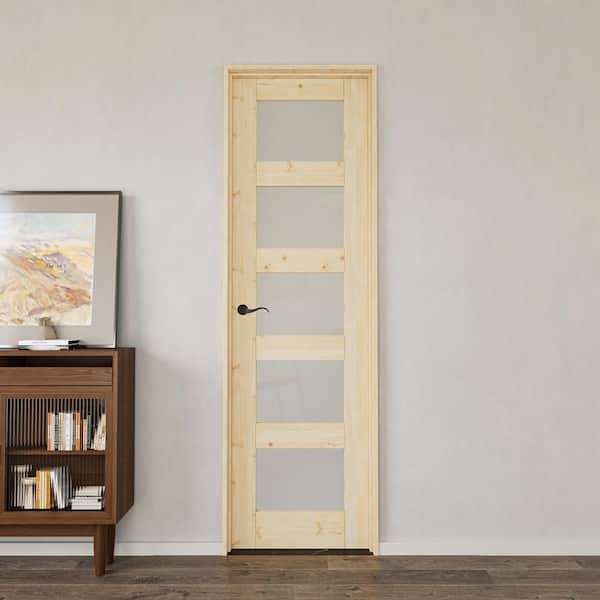 24 in. x 80 in. 5-Lite Frosted Glass Left Unfinished Pine Wood Single Interior Door with Quick Assemble Jamb