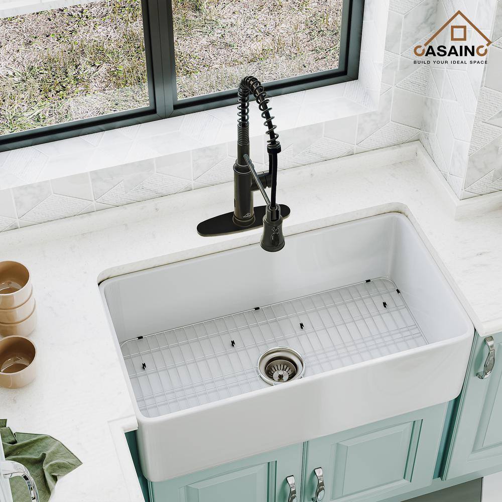 Glossy White Fireclay Single Bowl Farmhouse Kitchen Sink with Accessories