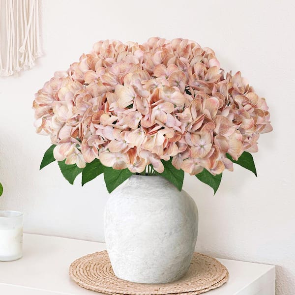 17 in. Natural Touch Brown Blush Artificial Hydrangea Flower Stem Bush Bouquet (Set of 2)