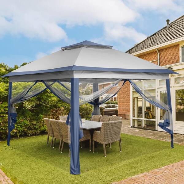 OVASTLKUY 11 ft. x 11 ft. Gray Outdoor Double-Roofed Patio