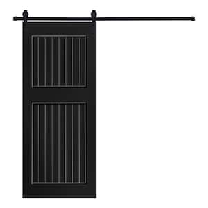 Modern 2-Panel Designed 84 in. x 28 in. MDF Panel Black Painted Sliding Barn Door with Hardware Kit