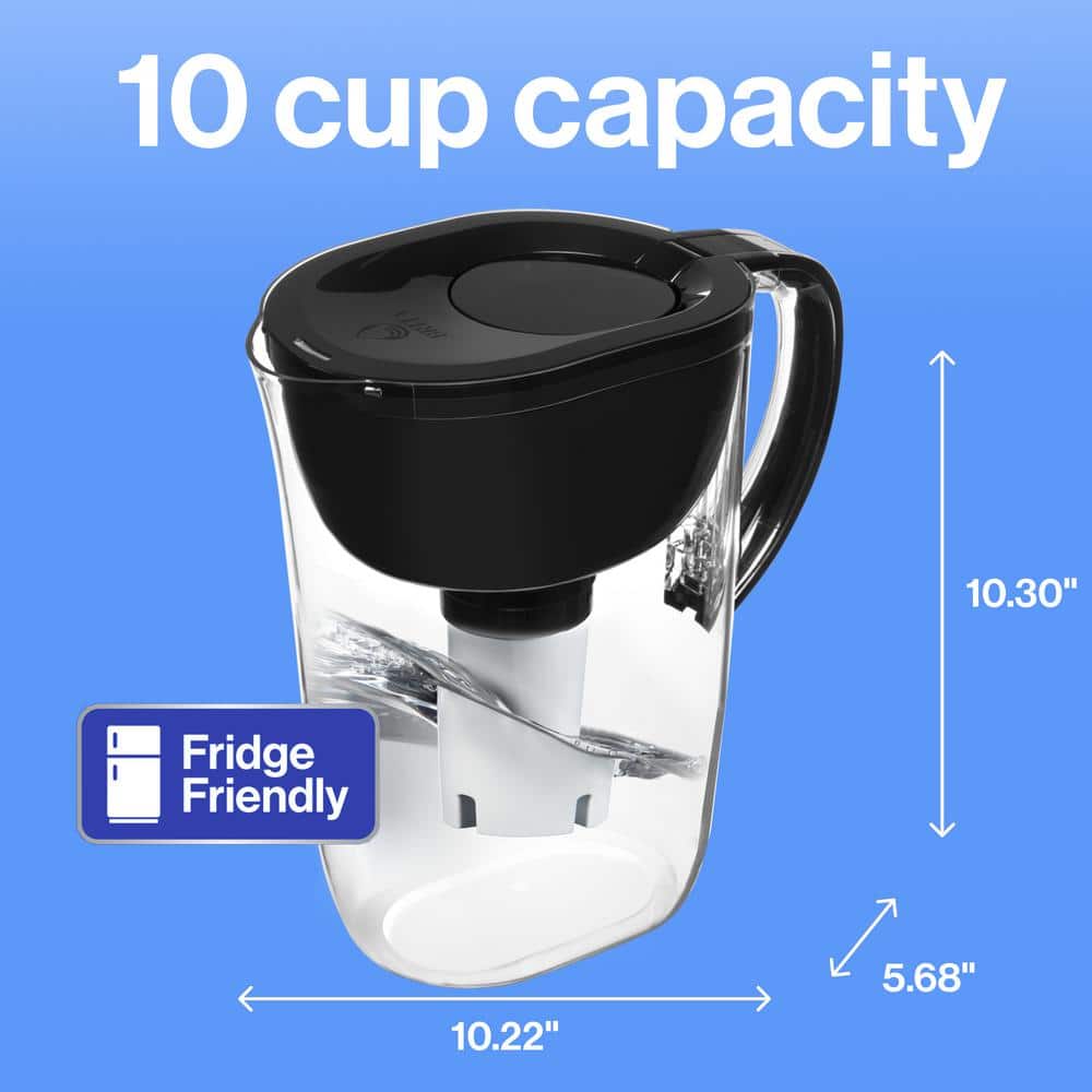 Large Black BPA-Free 10-Cup Water Filter Pitcher with Standard Filter