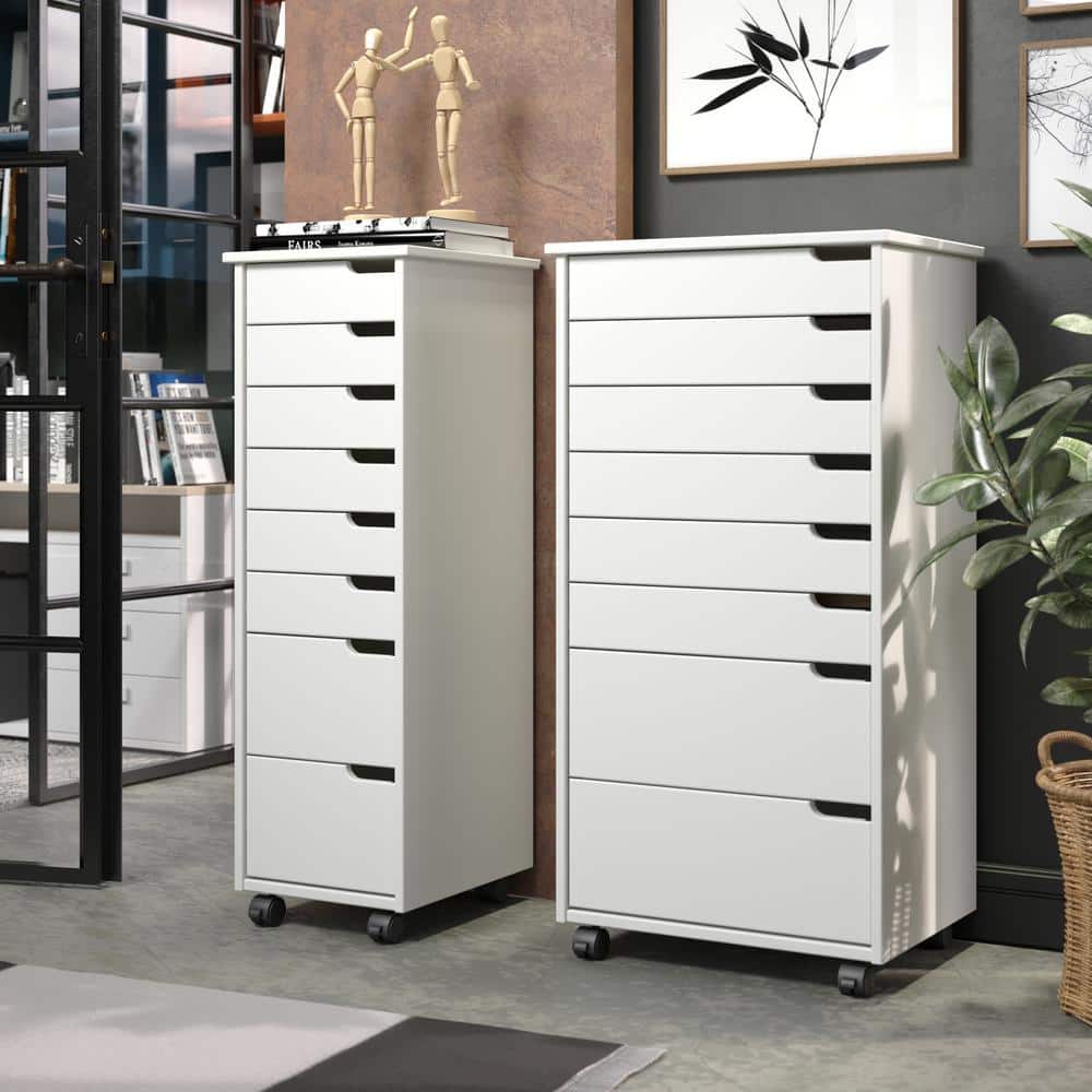 Euro White Solid Wood 8-Drawer Rolling Office Storage Cart