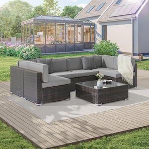 7-Pieces PE Rattan Wicker Outdoor Conversation Sofa Sets, Sectional Furniture Sofa Sets with Smoky Grey Cushion