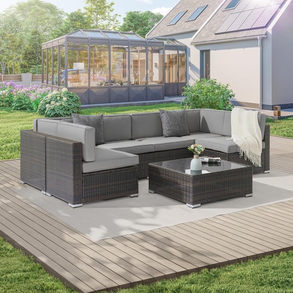 7-Pieces PE Rattan Wicker Outdoor Conversation Sofa Sets, Sectional Furniture Sofa Sets with Smoky Grey Cushion