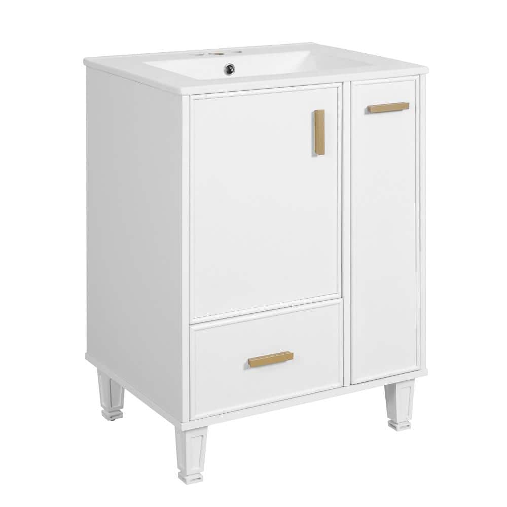 24 in. Freestanding White Bath Vanity with White Ceramic Top, Sink, Deep Drawer,2-Tier Pull-Out Basket, Solid Wood Frame price history on PriceWatchPro