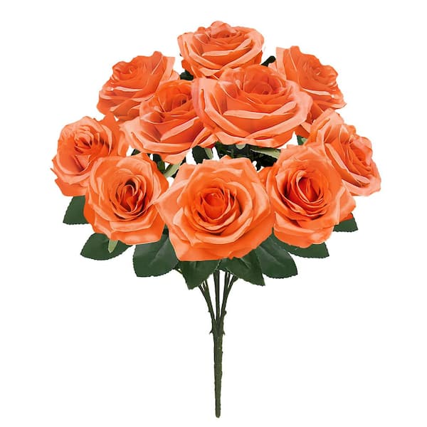 LIVING LUXURY 18 in. Deluxe Orange Artificial Queen Rose Flower Stem Bush Bouquet (Set of 2)