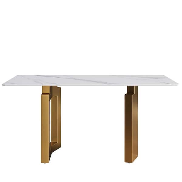 Magic Home 63 in. Sintered Stone White Rectangle Top Double Pedestal 2-Gold Metal Base Dining Table (Seats-6)