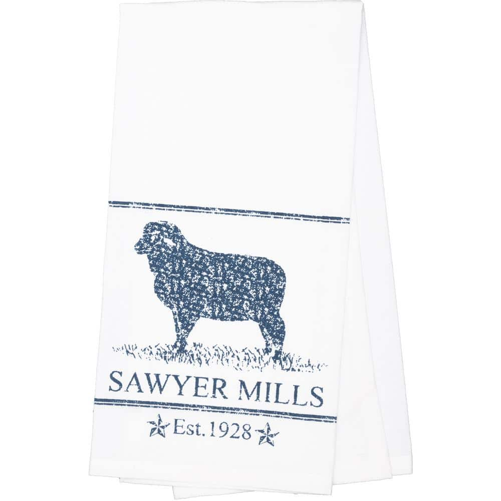 VHC Brands Sawyer Mill Blue Print Lamb Cotton Muslin Bleached White Kitchen Tea Towel