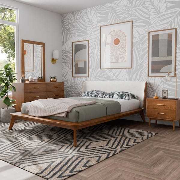 Furniture of America Riverstone 4-Piece Walnut Boucle Wingback King Low Profile Wood Bedroom Set with Nightstand and Dresser/Mirror