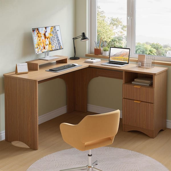 55 in. Brown Oak L-Shaped Home Office Desk with Monitor Stand, File Drawer and Open Cubby Storage
